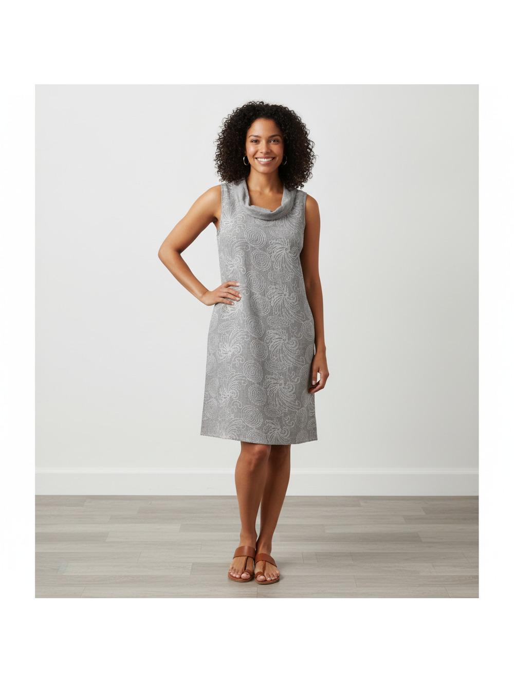 085 Lina Tomei Womens Grey Linen Swirl Embroidered Cowl Neck Shift Dress Size S